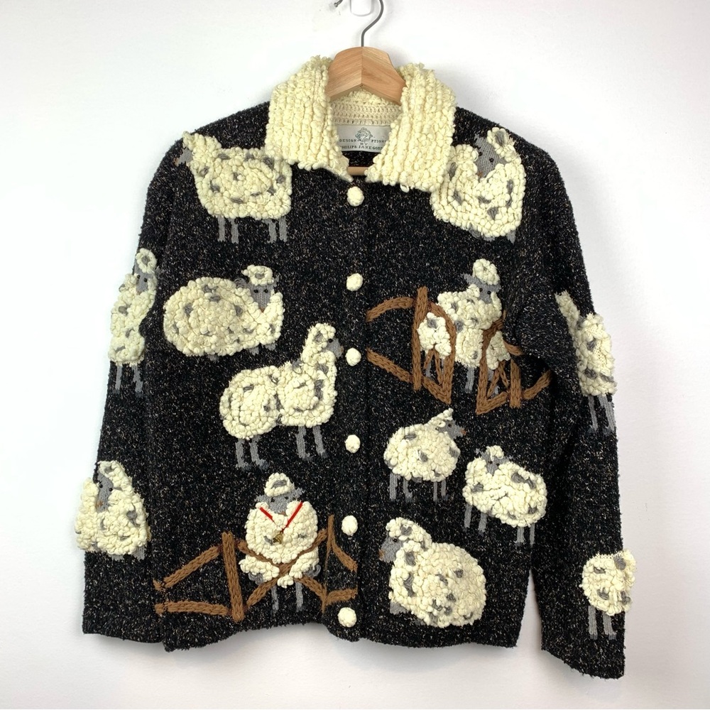 Design Options by Philip & Jane Gordon Cardigan Sheep Fence Knit Sz Small Vtg